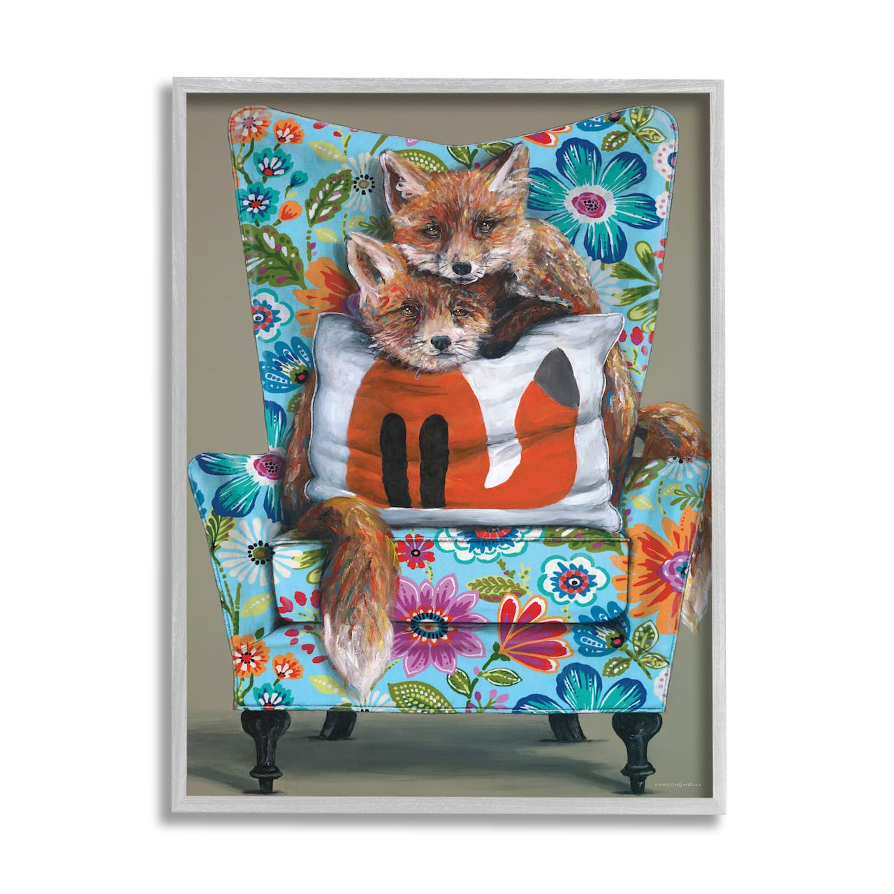 Stupell Industries Red Fox Pair Sitting Chair Spring Floral Pattern Framed Wall Art
